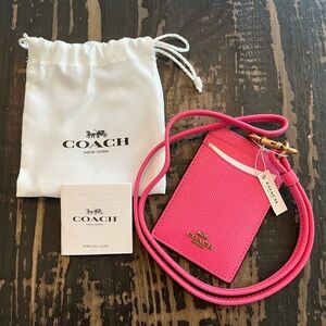 Coach Pink Leather Card/ID Holder w/ Detachable Leather Lanyard Strap, Dust Bag